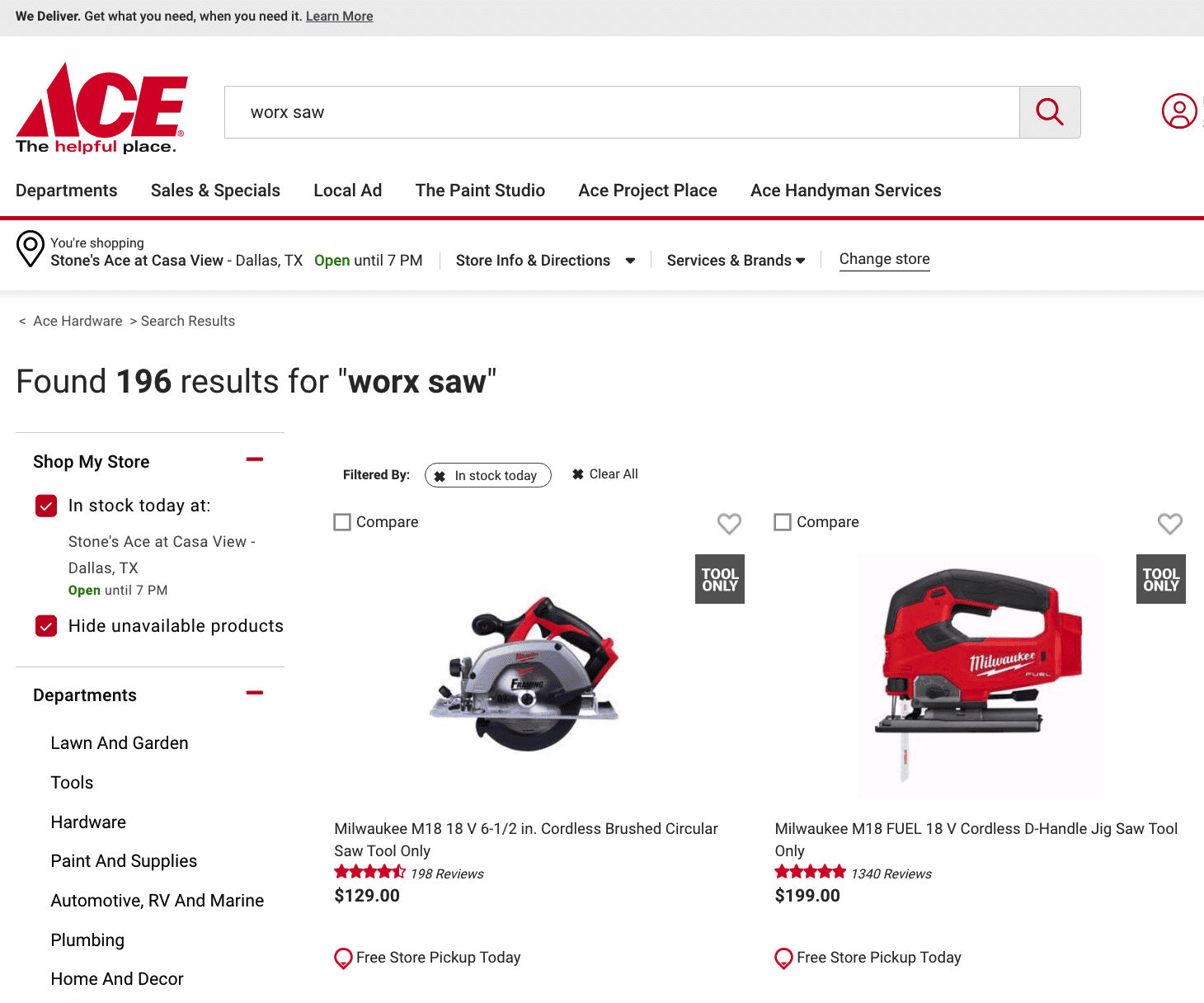 Ace Hardware's search functionality to show inventory available for pick up at my store location