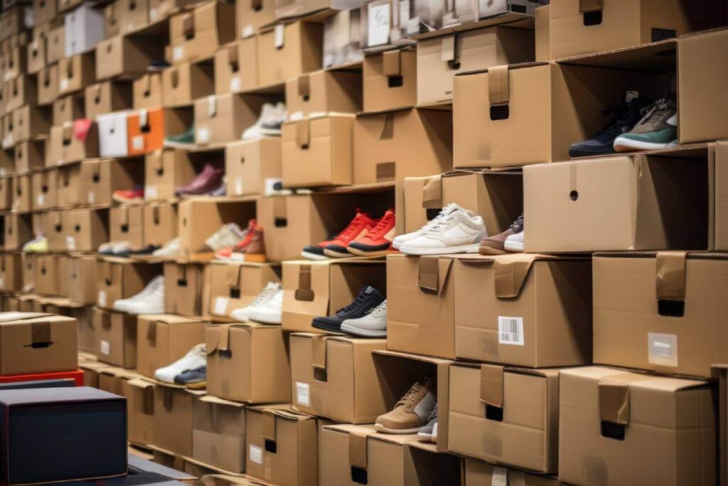 Wall of sneakers Storage with lots of boxes with sports shoes are displayed in rows, selective focus.