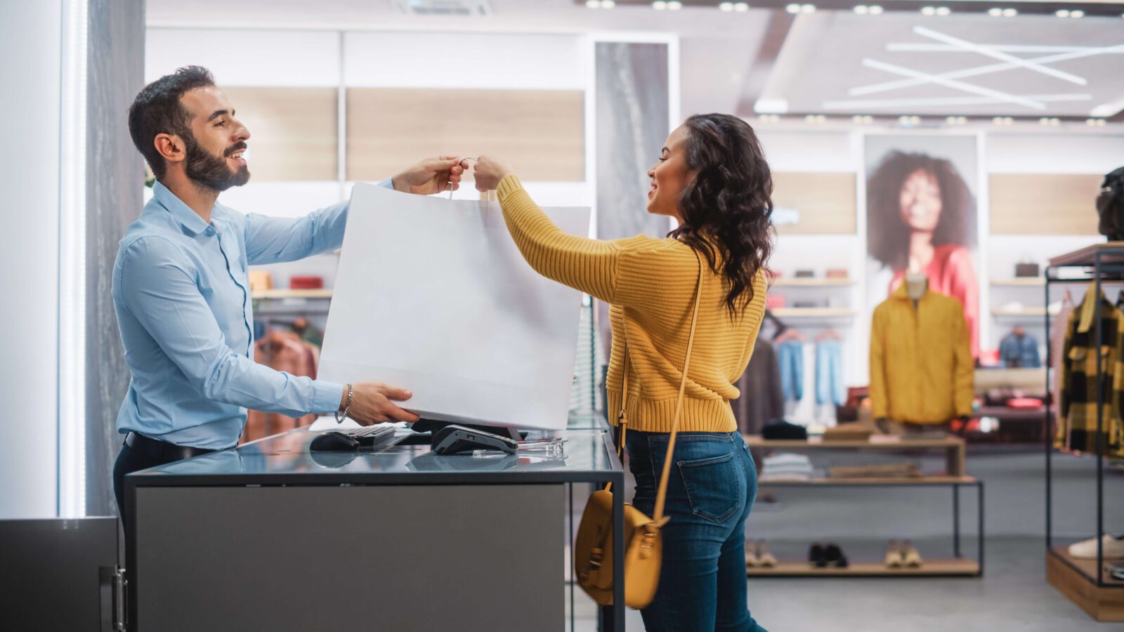 woman picking up an order in store