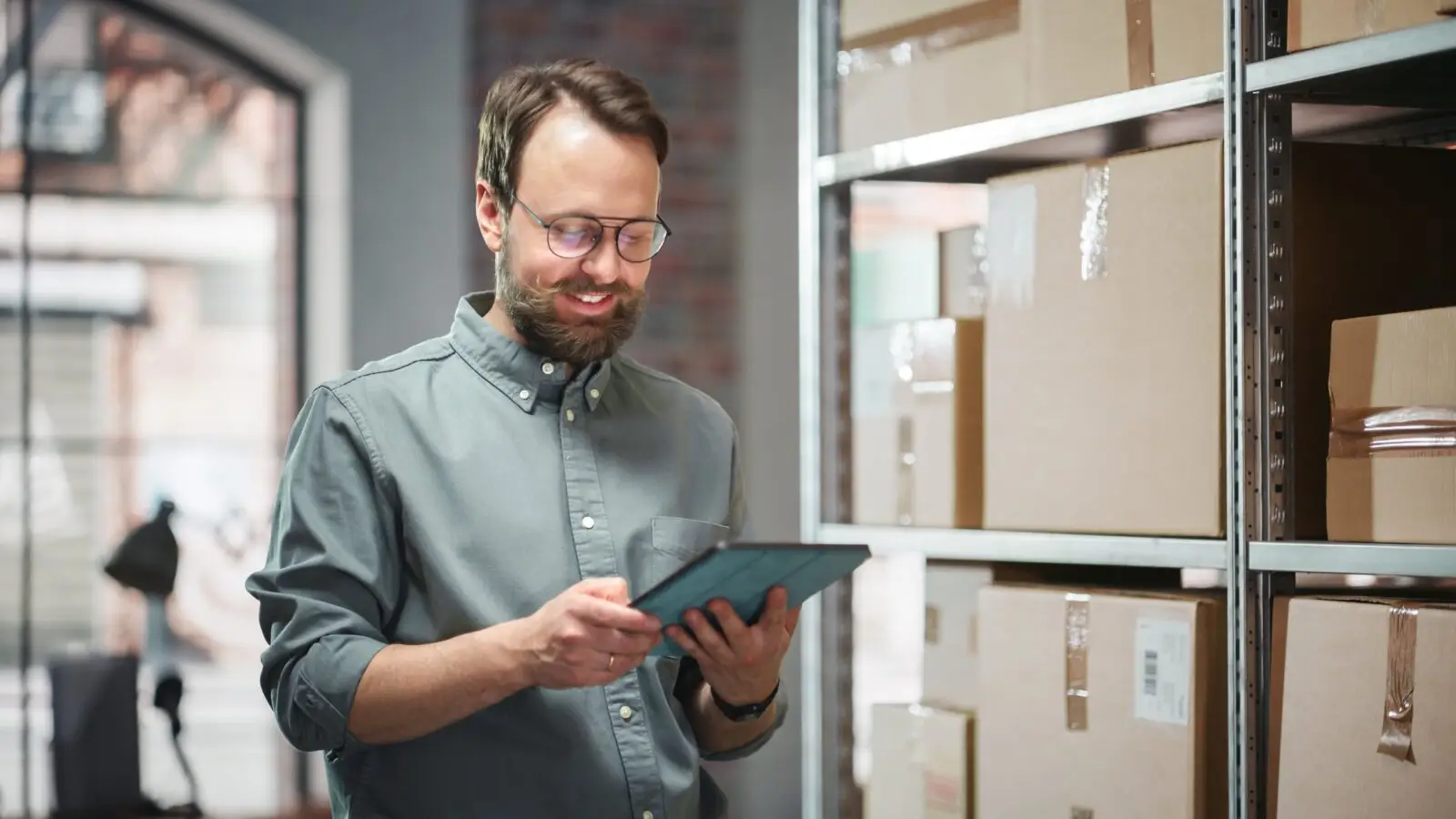 Man in warehouse managing online orders