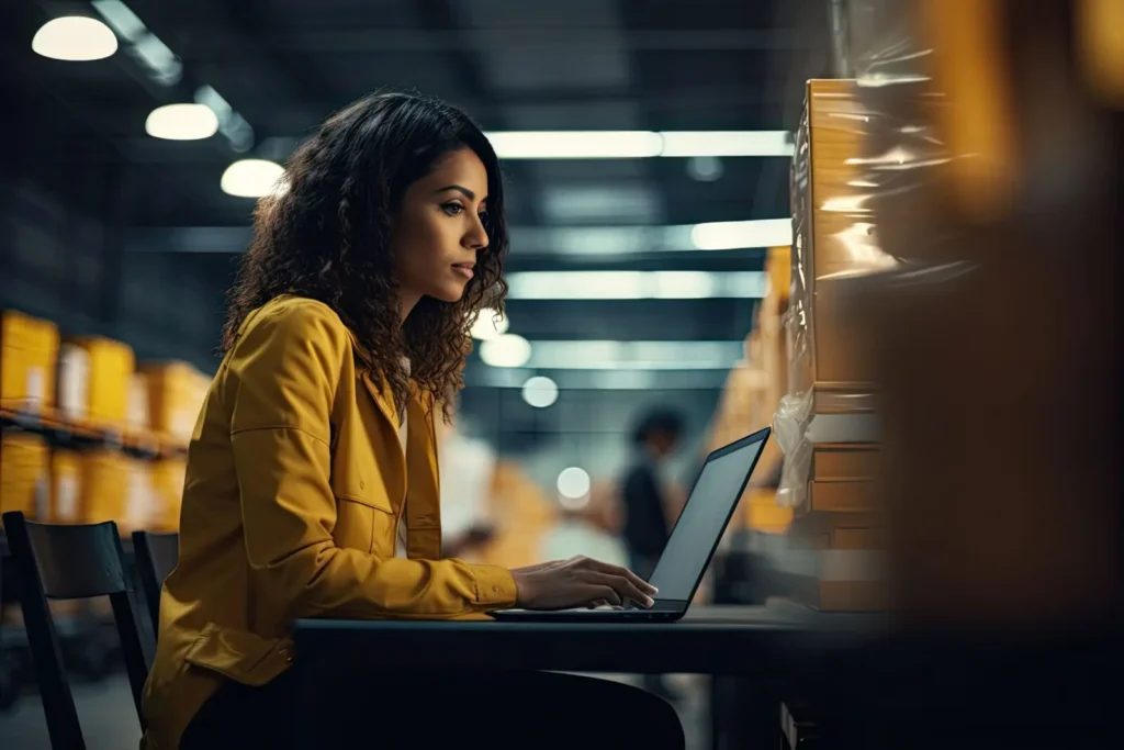 woman working on her computer in a distribution center