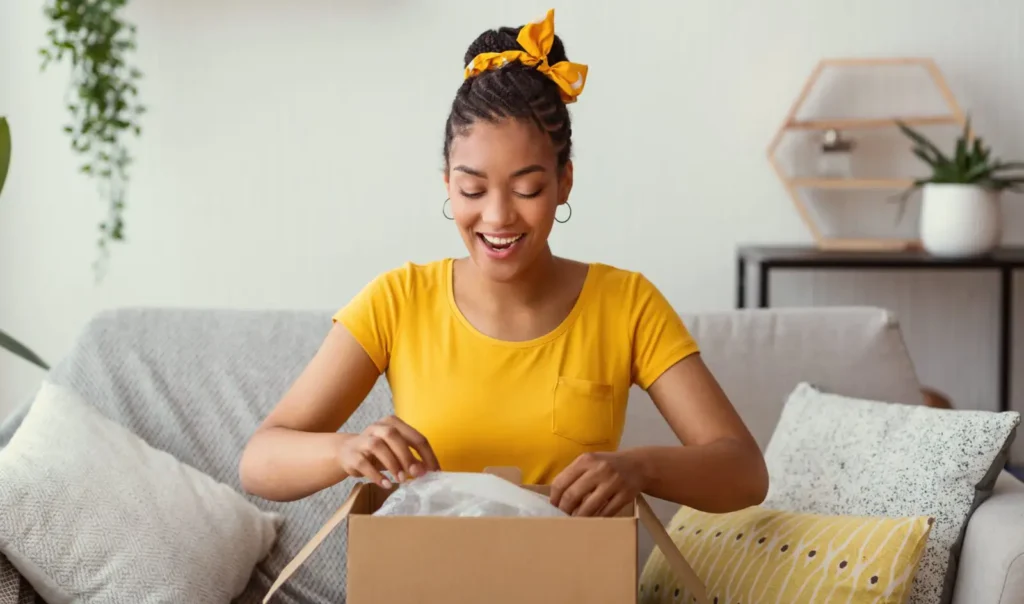 Woman opening a package