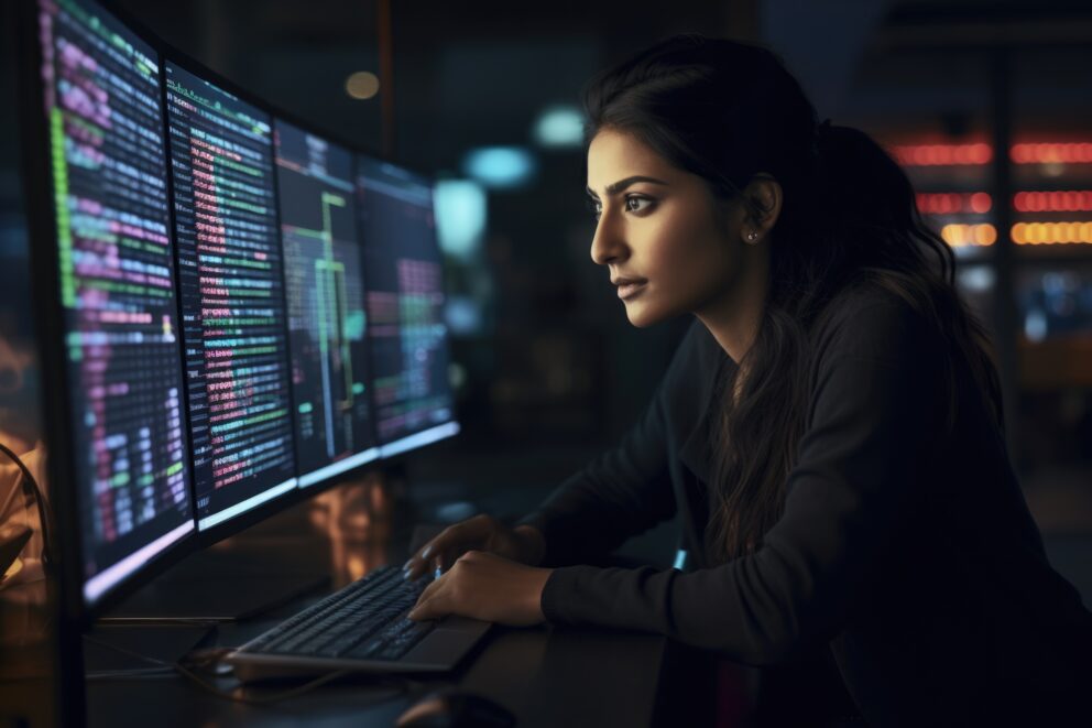 Woman working with AI algorithms on computer