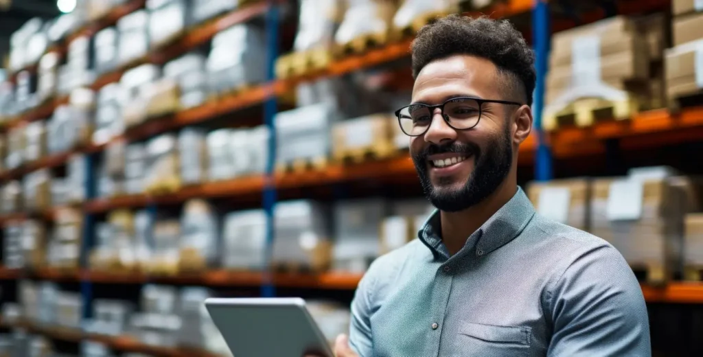 man in a warehouse using a tablet