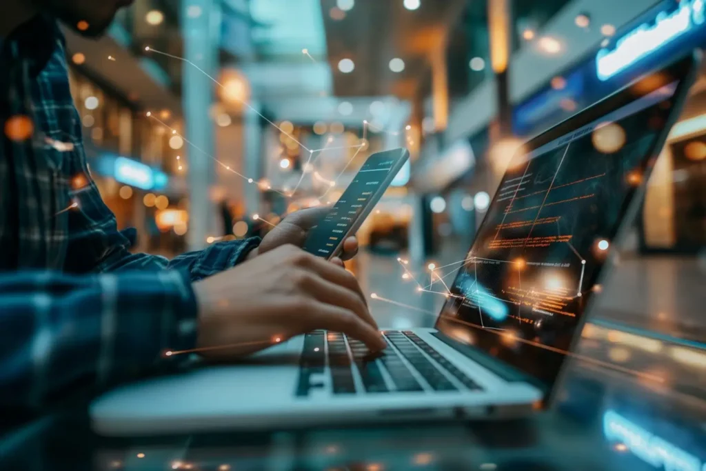 person using laptop at work
