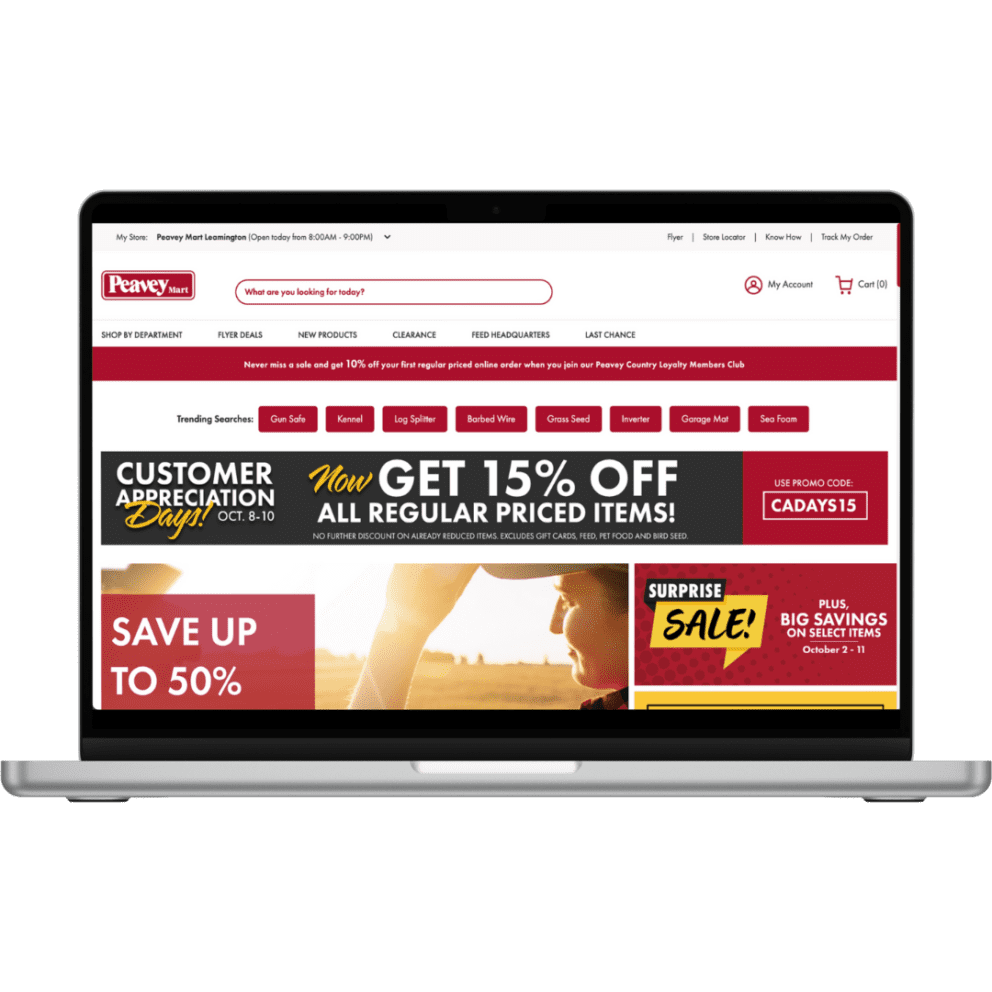 Peavey Mart Website on laptop