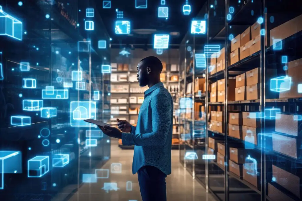 Employee using technology to track stock in a warehouse