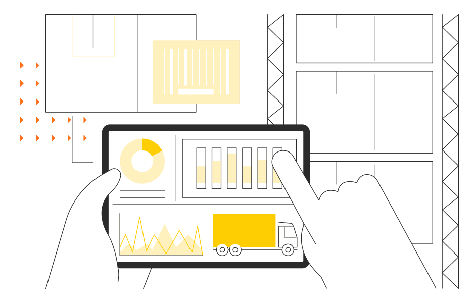 outline of hands holding a tablet showing an analytics dashboard