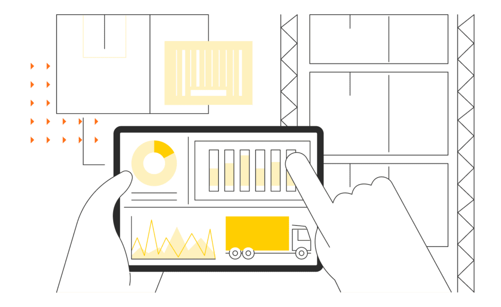 outline of hands holding a tablet showing an analytics dashboard