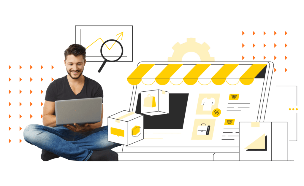 man sitting with laptop and fulfillment concept behind him