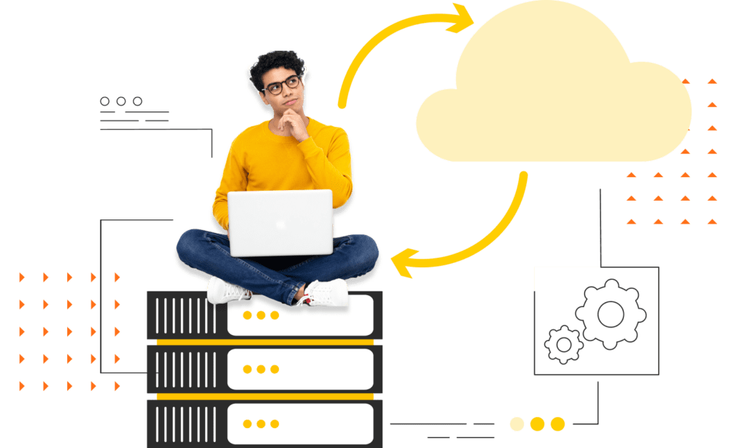 man with laptop sitting on data servers, performance concept around him