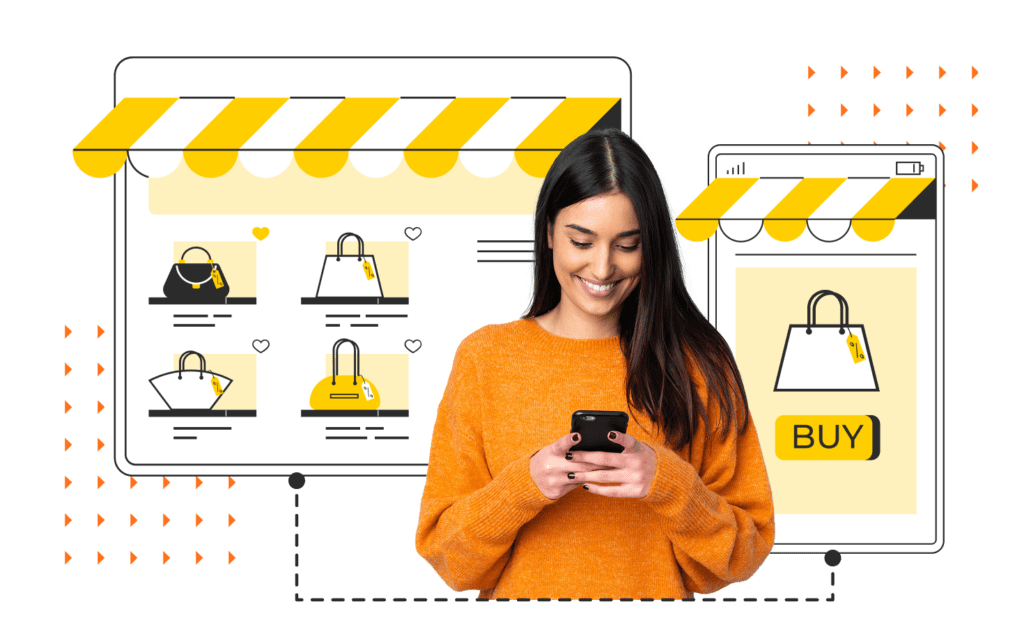 Women on phone with online store concept behind her