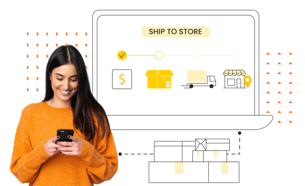 woman with phone, shipment concept behind her