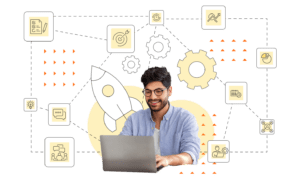 man working on laptop, implementation concept behind him