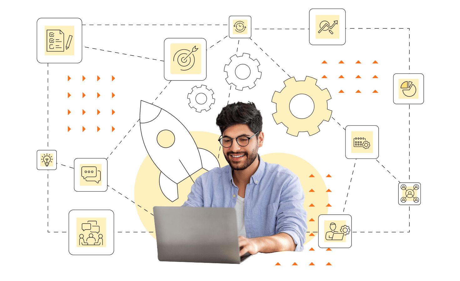 man working on laptop, implementation concept behind him