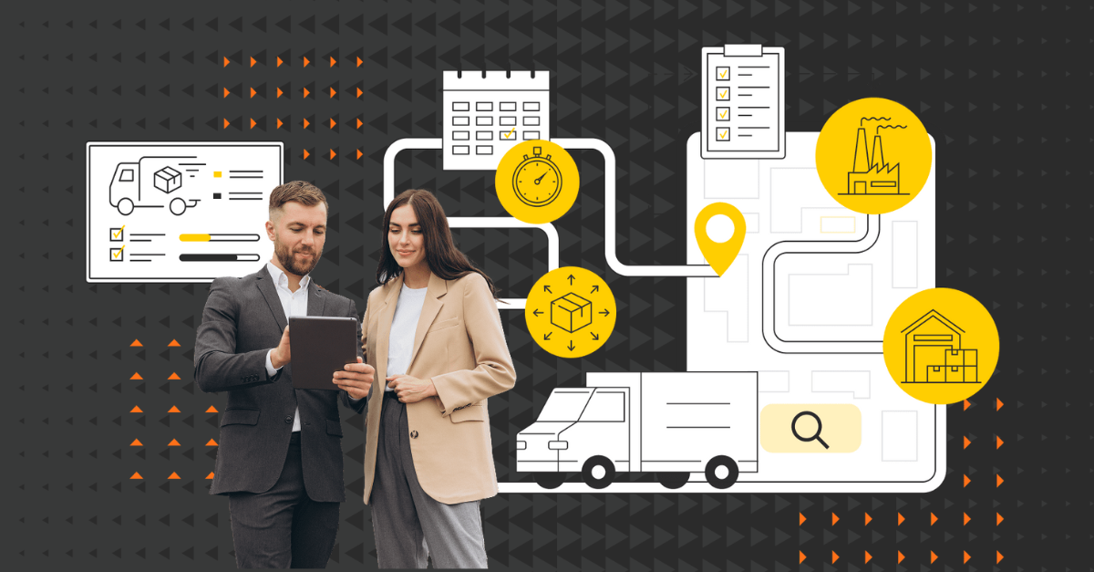 order management fulfillment concept design and two people standing with tablet