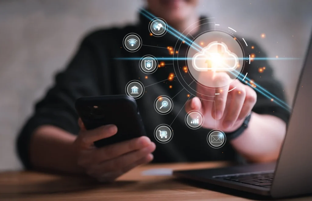 Hand touching infographic cloud computing and technology icons , cloud technology is centralize collect lifestyle and confidential information such as internet banking , password and shopping.