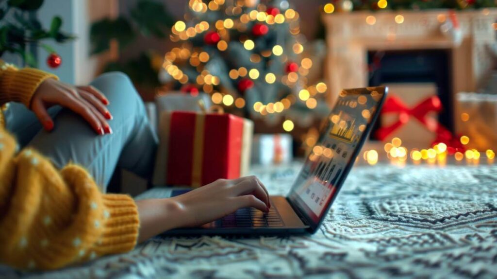 woman shopping online on laptop at home during Christmas